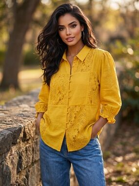 🌟W033. Boho Chic Mustard Floral Lace  Button Front Top